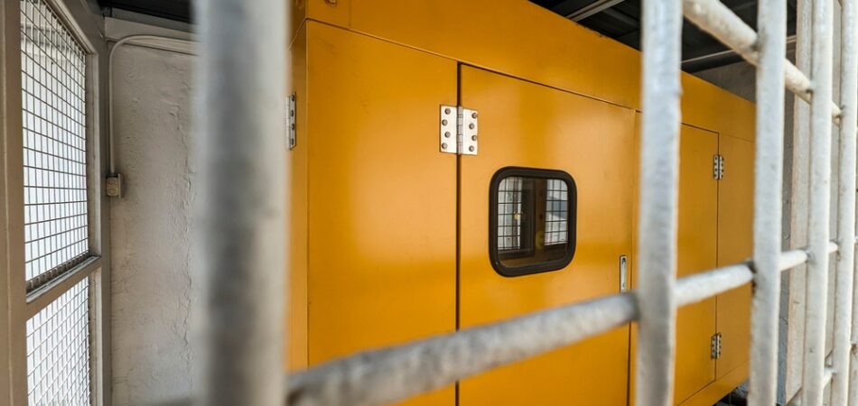 An,enclosed,commercial,backup,generator,for,a,business,establishment.,placed