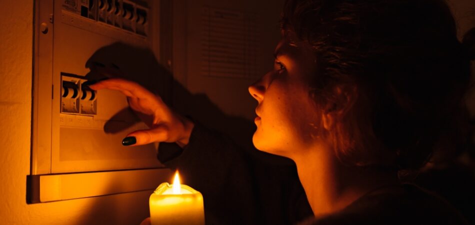 Young,woman,with,candles,in,complete,darkness,examines,fuse,box