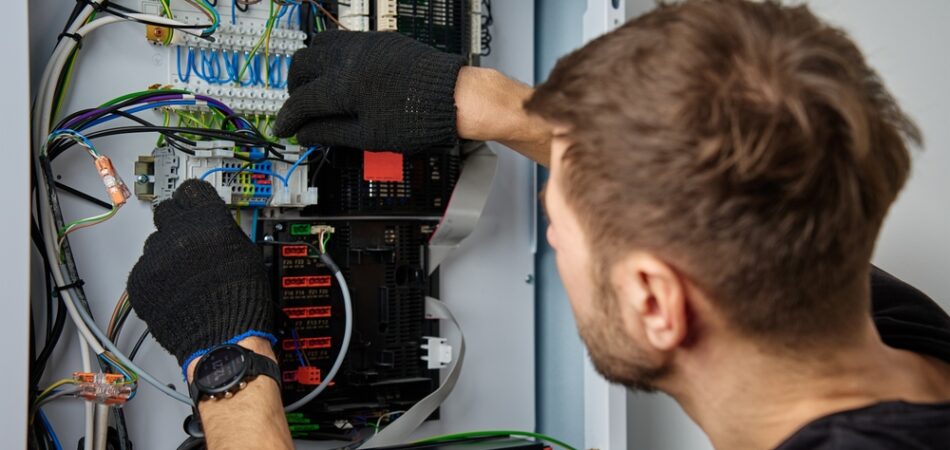 Technician,working,on,internal,wiring,of,heat,pump,,inspecting,electrical