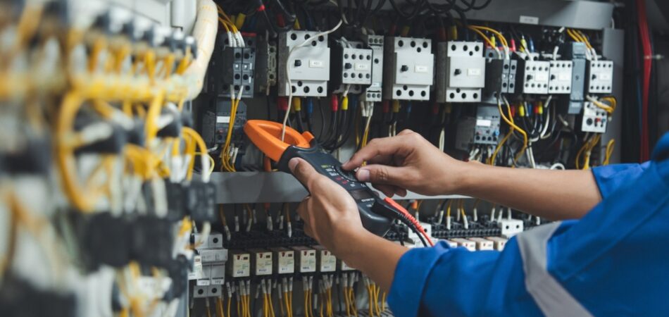 Electrician,measurements,with,multimeter,testing,current,electric,in,control,panel,