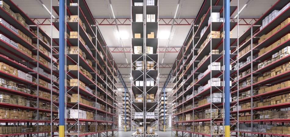 Rows,of,warehouse,metal,racks,with,gods.,modern,hi,storage