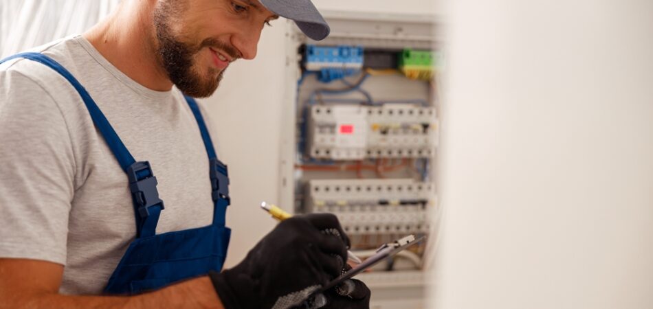 Busy,electrical,technician,writing,on,a,clipboard,the,data,collected